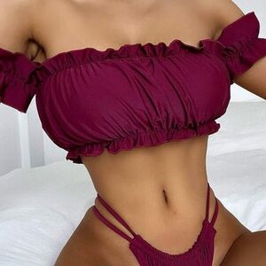Burgundy Off-Shoulder Bikini Set